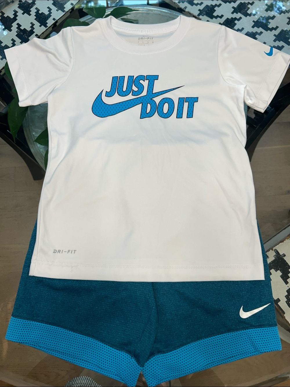 Nike White Tee with Blue 'Just Do It' Logo and Teal Blue Shorts